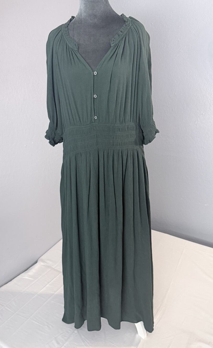 Gap Smocked Midi Dress Womens XL Essex Green Split Neck Boho Rayon